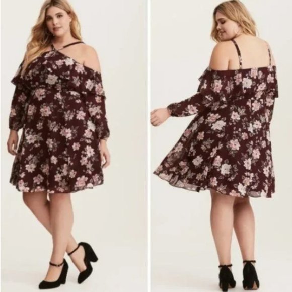 Torrid Floral Cold Shoulder Ruffle Dress in Maroon - Picture 1 of 10